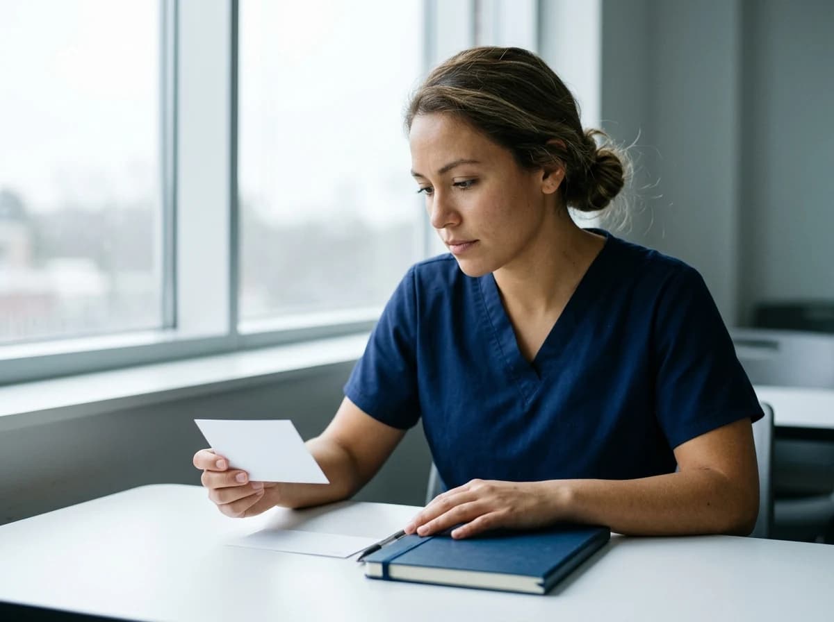 Illustrative scene: a nursing student reviewing a paper flashcard beside a notebook.