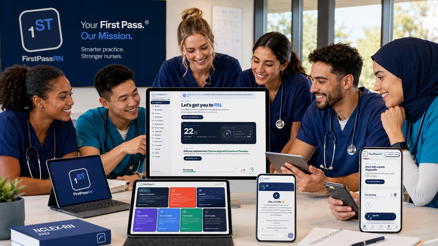 A diverse group of nursing students studying together with FirstPassRN